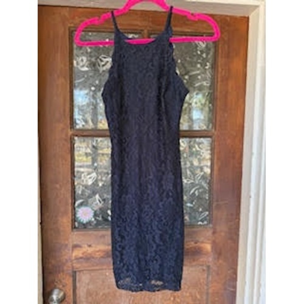 BCX Dress Womens 3 Navy Blue Floral Lace Halter Neck Keyhole Bodycon Mini Dress